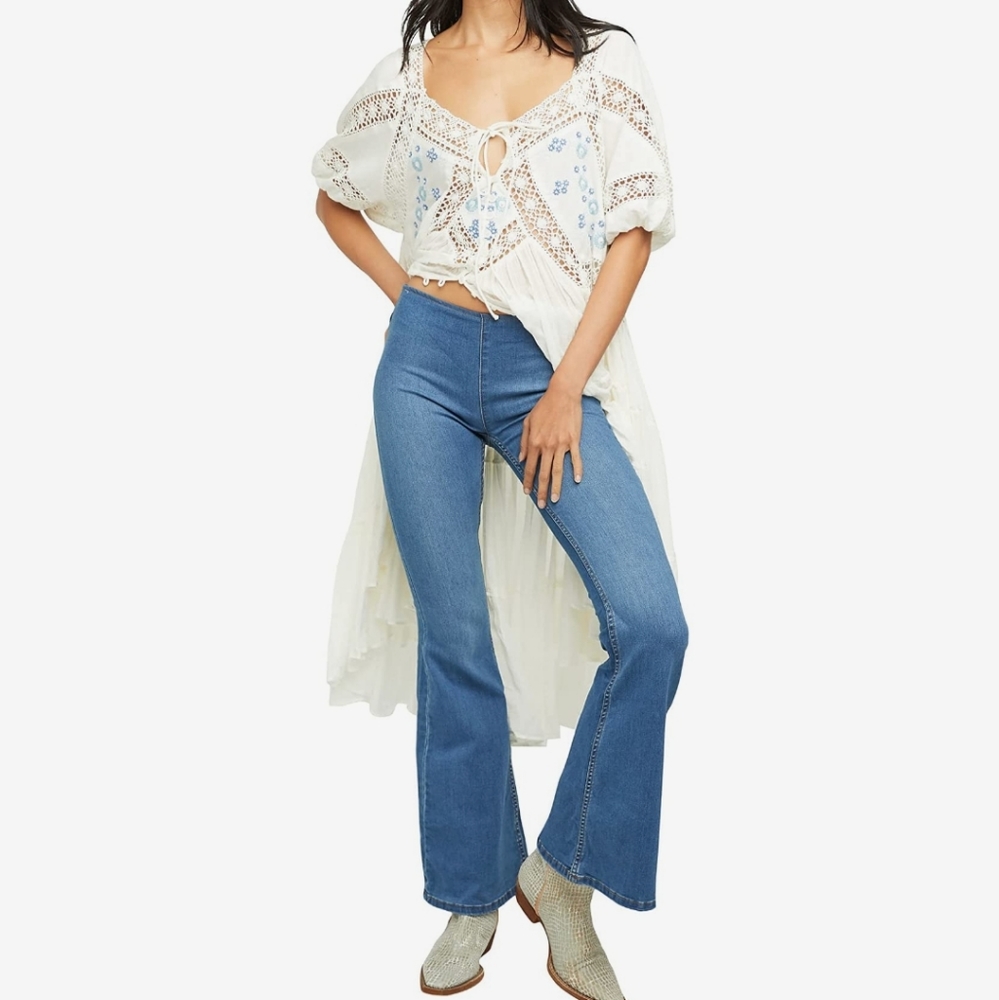 Free People Penny Pull On Flare Jeans Women Size 28 Blue Denim Boho Stretch
